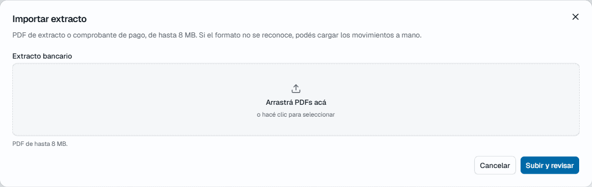 Diálogo Importar extracto de ExpensasYa para subir el PDF del banco de hasta 8 MB