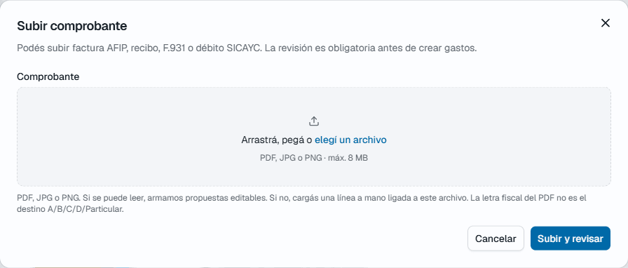 Diálogo Subir comprobante de ExpensasYa, que acepta factura AFIP, recibo, F.931 o débito SICAYC en PDF, JPG o PNG de hasta 8 MB