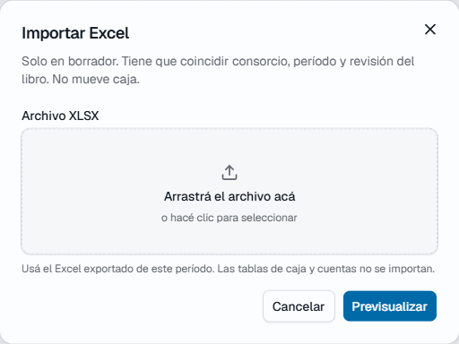 Diálogo Importar Excel de ExpensasYa: solo en borrador, el archivo tiene que coincidir en consorcio, período y revisión del libro, y no mueve caja